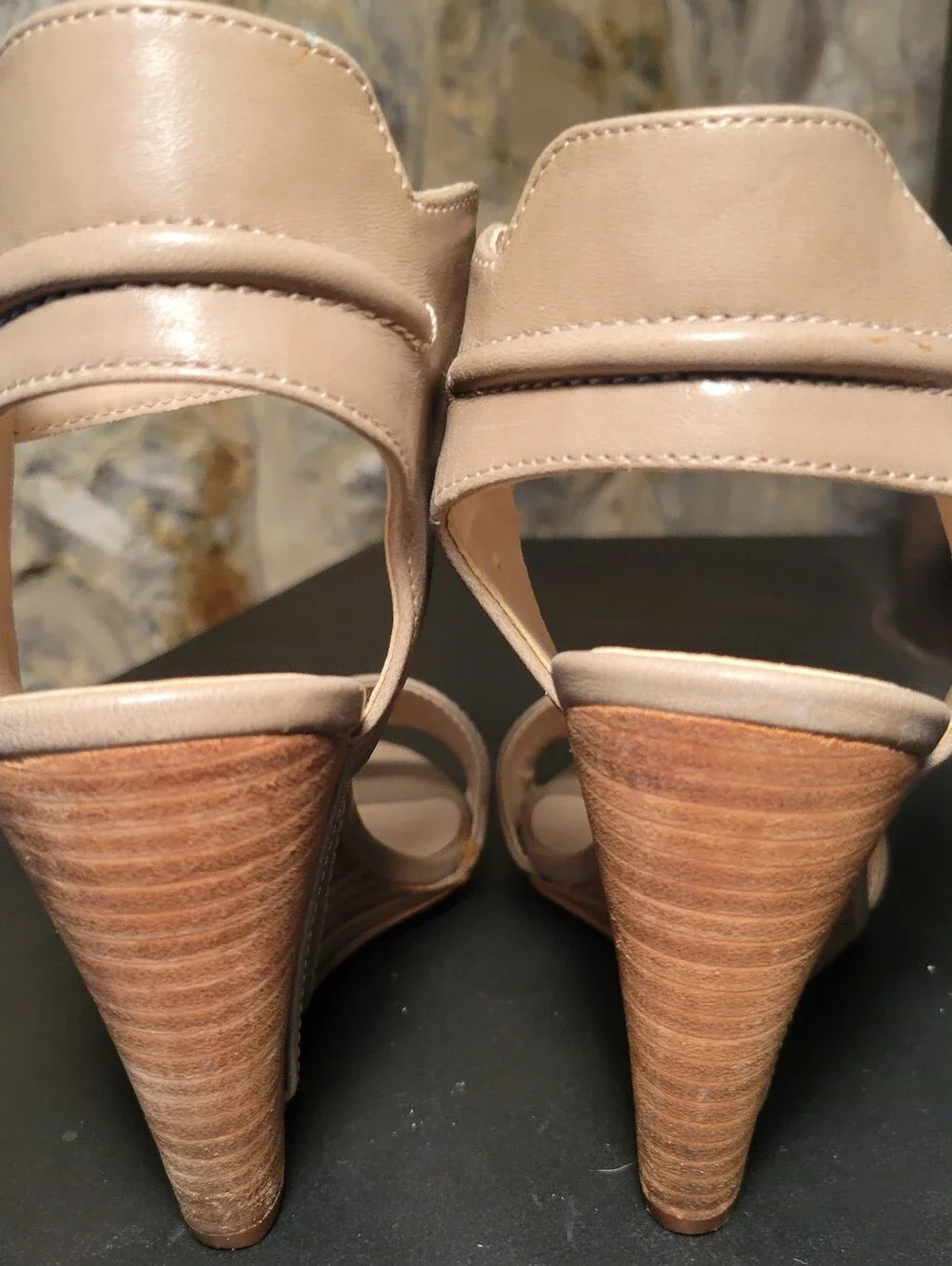 Nine West Pepita Women's 7M Taupe Wedge Sandals Ankle Strap Buckle Open Toe